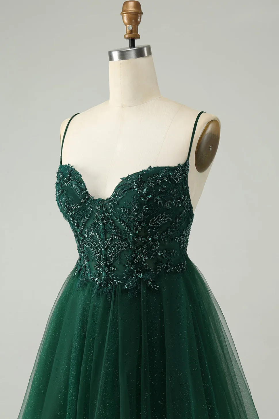 Glitter Verde Escuro A-Line Beaded Appliques Tule Homecoming Dress