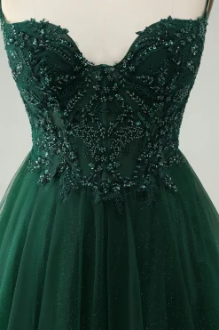 Glitter Verde Escuro A-Line Beaded Appliques Tule Homecoming Dress