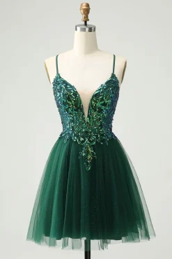 Glitter Verde Escuro A-Line Sequined Appliques V Pescoço Homecoming Dress