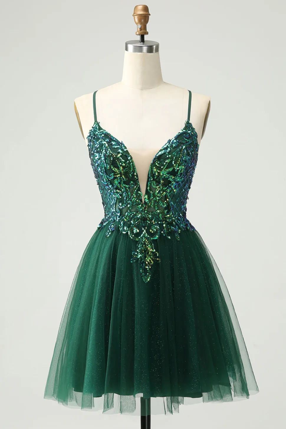 Glitter Verde Escuro A-Line Sequined Appliques V Pescoço Homecoming Dress