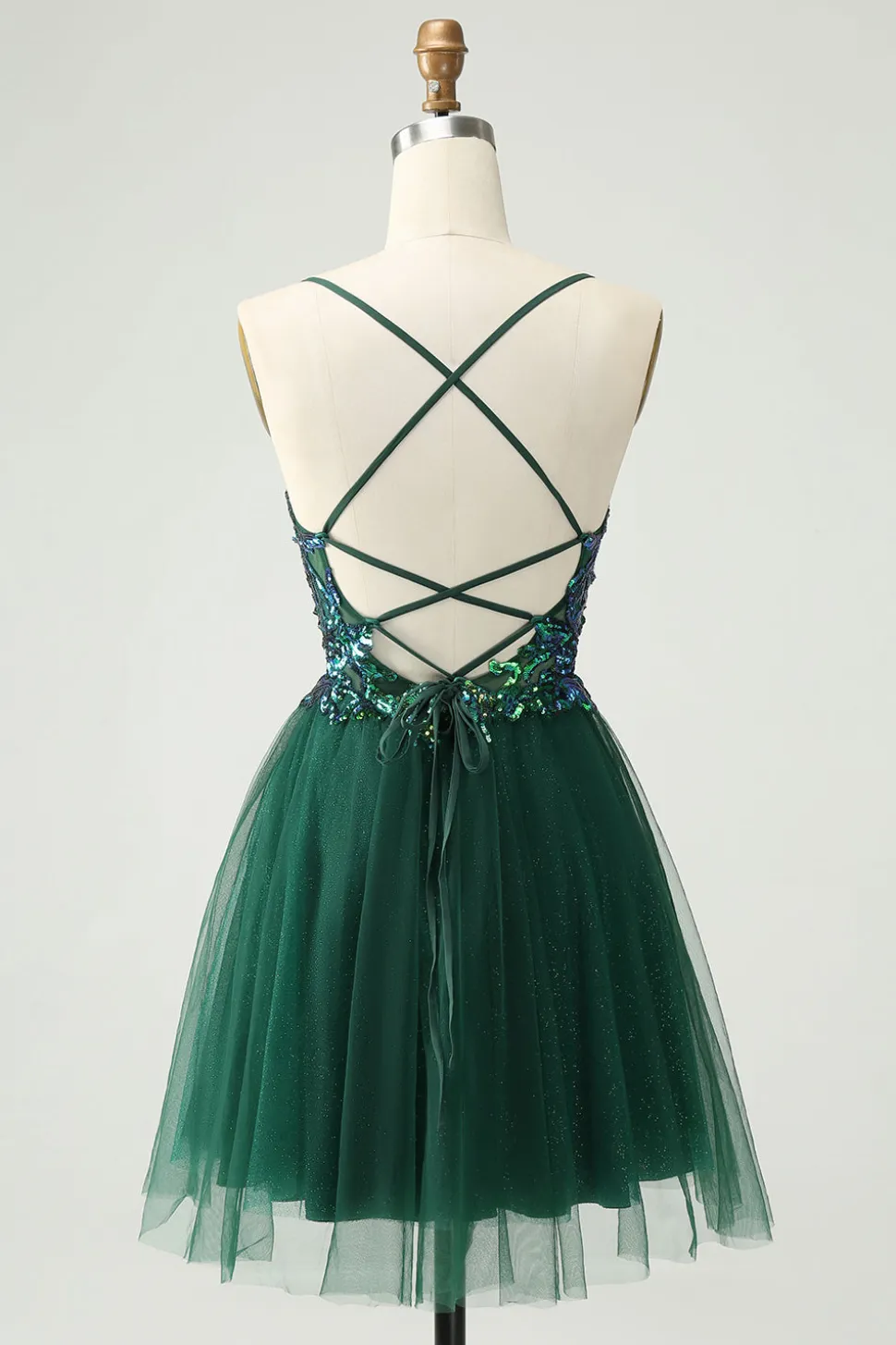 Glitter Verde Escuro A-Line Sequined Appliques V Pescoço Homecoming Dress
