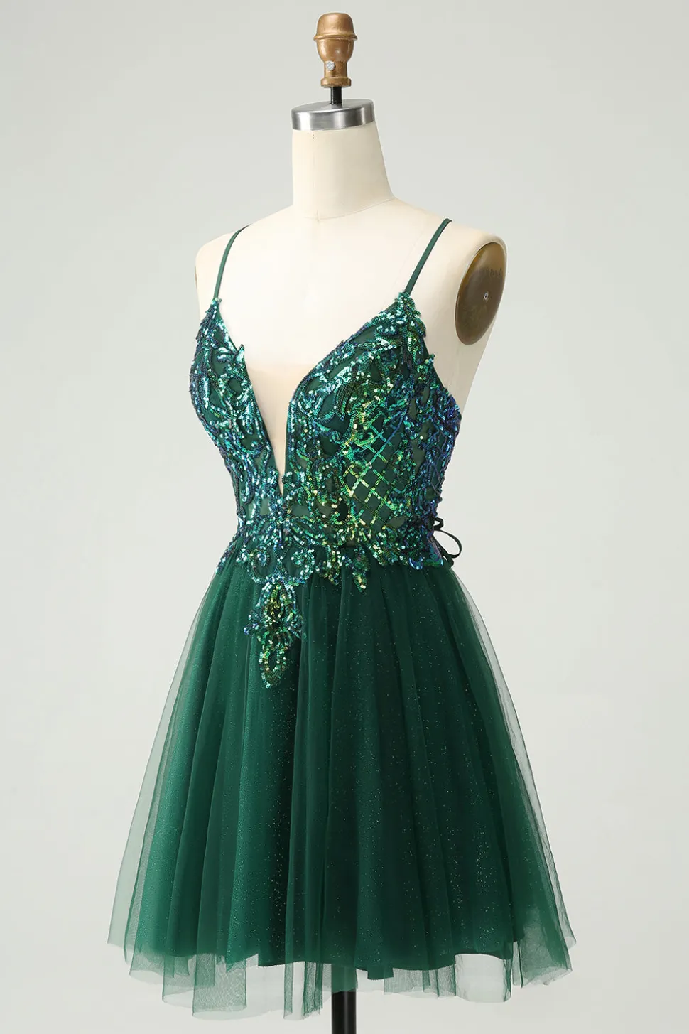 Glitter Verde Escuro A-Line Sequined Appliques V Pescoço Homecoming Dress