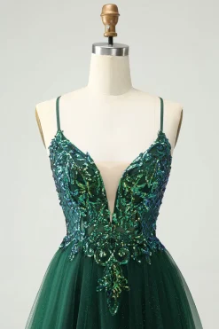 Glitter Verde Escuro A-Line Sequined Appliques V Pescoço Homecoming Dress
