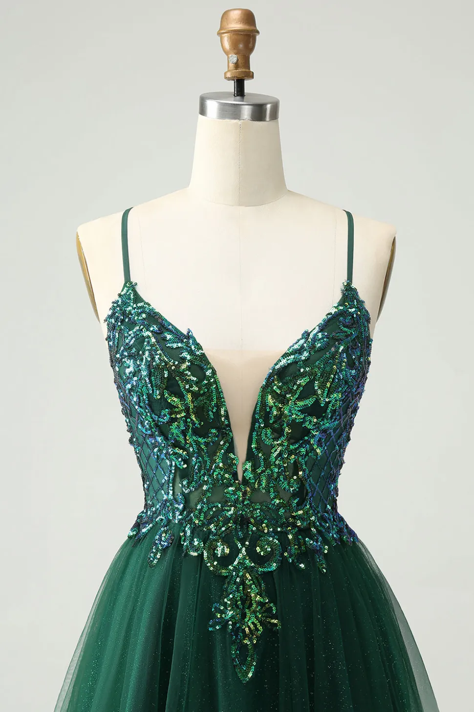 Glitter Verde Escuro A-Line Sequined Appliques V Pescoço Homecoming Dress
