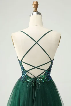 Glitter Verde Escuro A-Line Sequined Appliques V Pescoço Homecoming Dress