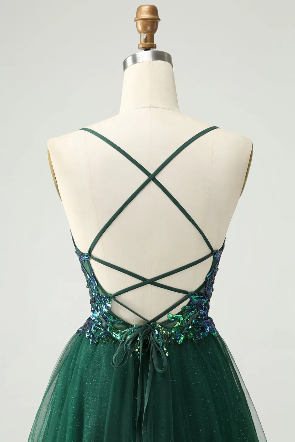Glitter Verde Escuro A-Line Sequined Appliques V Pescoço Homecoming Dress