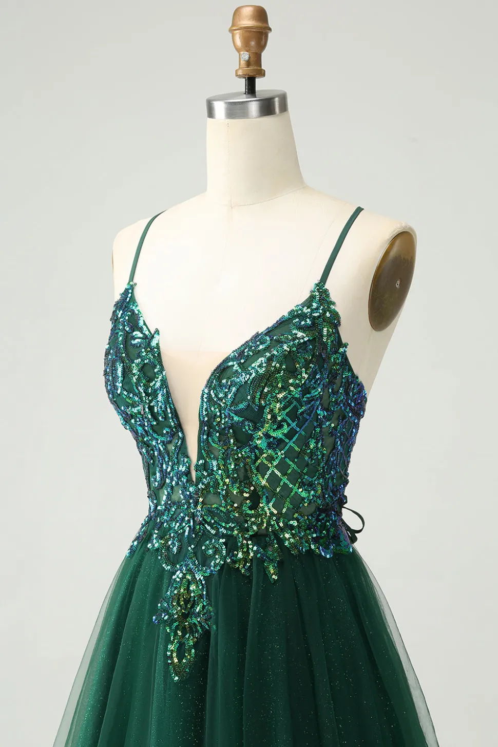 Glitter Verde Escuro A-Line Sequined Appliques V Pescoço Homecoming Dress
