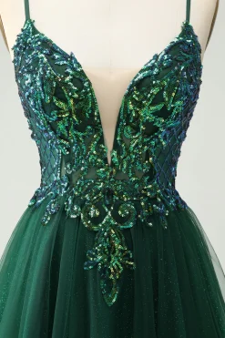 Glitter Verde Escuro A-Line Sequined Appliques V Pescoço Homecoming Dress