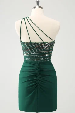 Glitter Verde Escuro Apertado Um Ombro Cut-Out Homecoming Dress