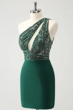 Glitter Verde Escuro Apertado Um Ombro Cut-Out Homecoming Dress