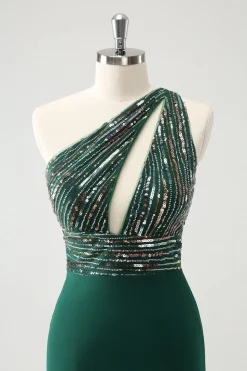 Glitter Verde Escuro Apertado Um Ombro Cut-Out Homecoming Dress