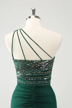 Glitter Verde Escuro Apertado Um Ombro Cut-Out Homecoming Dress