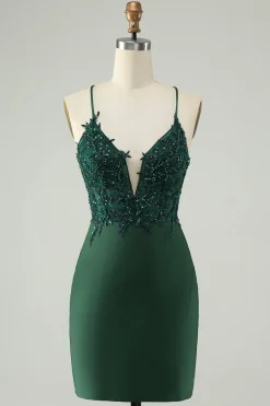 Glitter verde escuro apertado V pescoço frisado Homecoming Dress