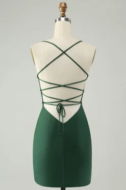 Glitter verde escuro apertado V pescoço frisado Homecoming Dress