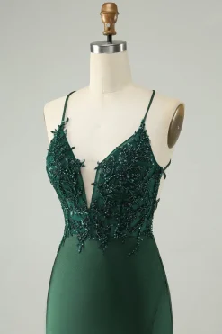 Glitter verde escuro apertado V pescoço frisado Homecoming Dress