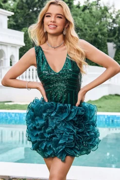 Glitter Verde Escuro Apertado V Neck Sequins Homecoming Dress com Folhos Destacáveis
