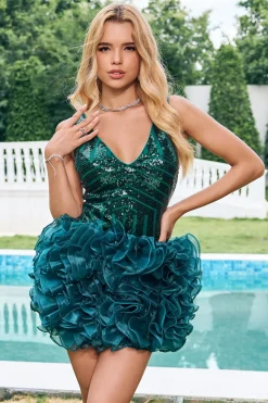 Glitter Verde Escuro Apertado V Neck Sequins Homecoming Dress com Folhos Destacáveis