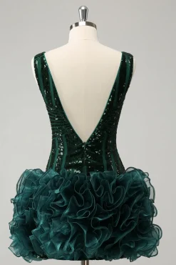 Glitter Verde Escuro Apertado V Neck Sequins Homecoming Dress com Folhos Destacáveis