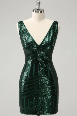 Glitter Verde Escuro Apertado V Neck Sequins Homecoming Dress com Folhos Destacáveis