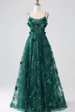 Glitter Verde Escuro Esparguete Correias Renda Flor Longo Espartilho Vestido de Baile
