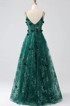 Glitter Verde Escuro Esparguete Correias Renda Flor Longo Espartilho Vestido de Baile