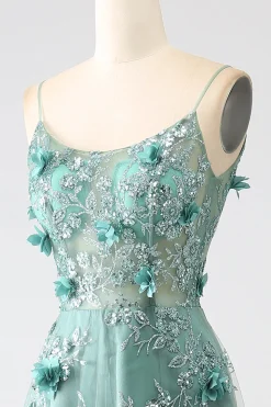Glitter Verde Escuro Esparguete Correias Renda Flor Longo Espartilho Vestido de Baile