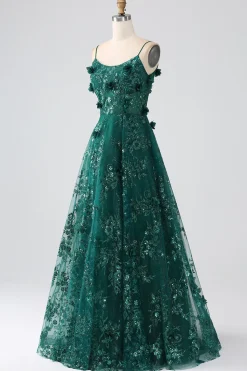 Glitter Verde Escuro Esparguete Correias Renda Flor Longo Espartilho Vestido de Baile