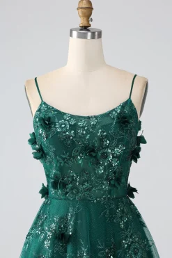 Glitter Verde Escuro Esparguete Correias Renda Flor Longo Espartilho Vestido de Baile