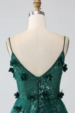 Glitter Verde Escuro Esparguete Correias Renda Flor Longo Espartilho Vestido de Baile