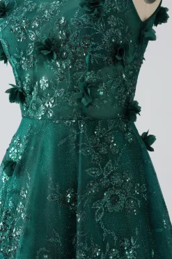 Glitter Verde Escuro Esparguete Correias Renda Flor Longo Espartilho Vestido de Baile