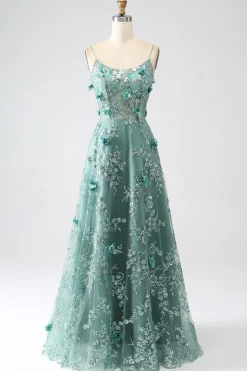 Glitter Verde Escuro Esparguete Correias Renda Flor Longo Espartilho Vestido de Baile