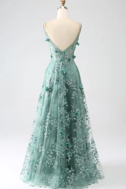 Glitter Verde Escuro Esparguete Correias Renda Flor Longo Espartilho Vestido de Baile