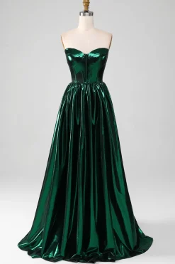Glitter Verde Escuro Espartilho Metálico Vestido Longo Prom