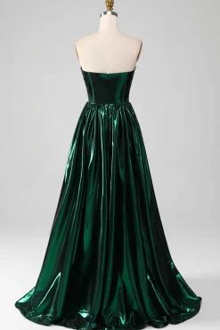 Glitter Verde Escuro Espartilho Metálico Vestido Longo Prom