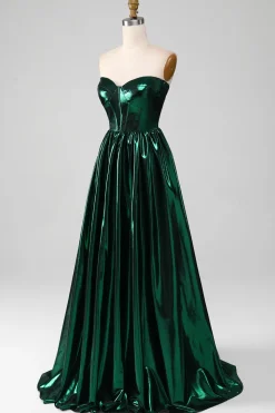 Glitter Verde Escuro Espartilho Metálico Vestido Longo Prom