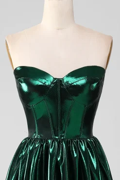 Glitter Verde Escuro Espartilho Metálico Vestido Longo Prom