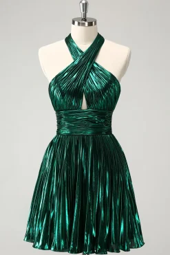 Glitter Verde Escuro Halter A-Line plissado Vestido Metálico Homecoming