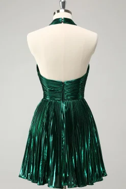 Glitter Verde Escuro Halter A-Line plissado Vestido Metálico Homecoming