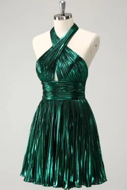 Glitter Verde Escuro Halter A-Line plissado Vestido Metálico Homecoming