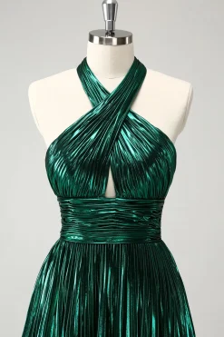 Glitter Verde Escuro Halter A-Line plissado Vestido Metálico Homecoming