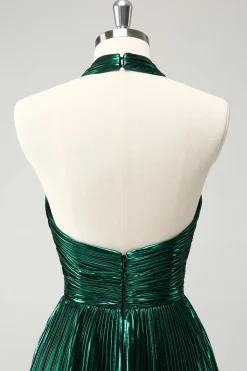 Glitter Verde Escuro Halter A-Line plissado Vestido Metálico Homecoming