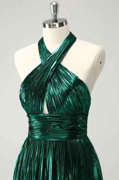 Glitter Verde Escuro Halter A-Line plissado Vestido Metálico Homecoming