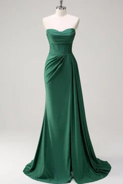 Glitter verde escuro sem alças sereia longo vestido de baile com fenda