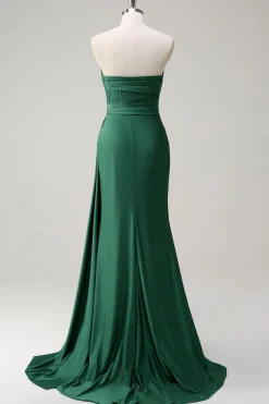 Glitter verde escuro sem alças sereia longo vestido de baile com fenda