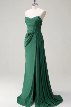 Glitter verde escuro sem alças sereia longo vestido de baile com fenda