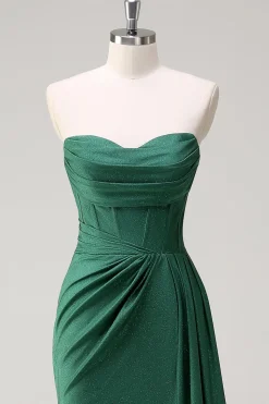 Glitter verde escuro sem alças sereia longo vestido de baile com fenda