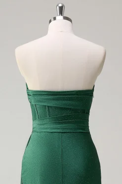 Glitter verde escuro sem alças sereia longo vestido de baile com fenda