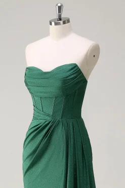 Glitter verde escuro sem alças sereia longo vestido de baile com fenda