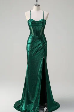 Glitter Verde Escuro Sereia Corset Ruched Vestido de Baile Metálico com Fenda