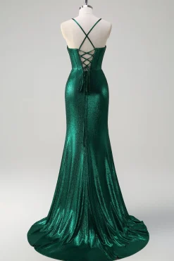 Glitter Verde Escuro Sereia Corset Ruched Vestido de Baile Metálico com Fenda